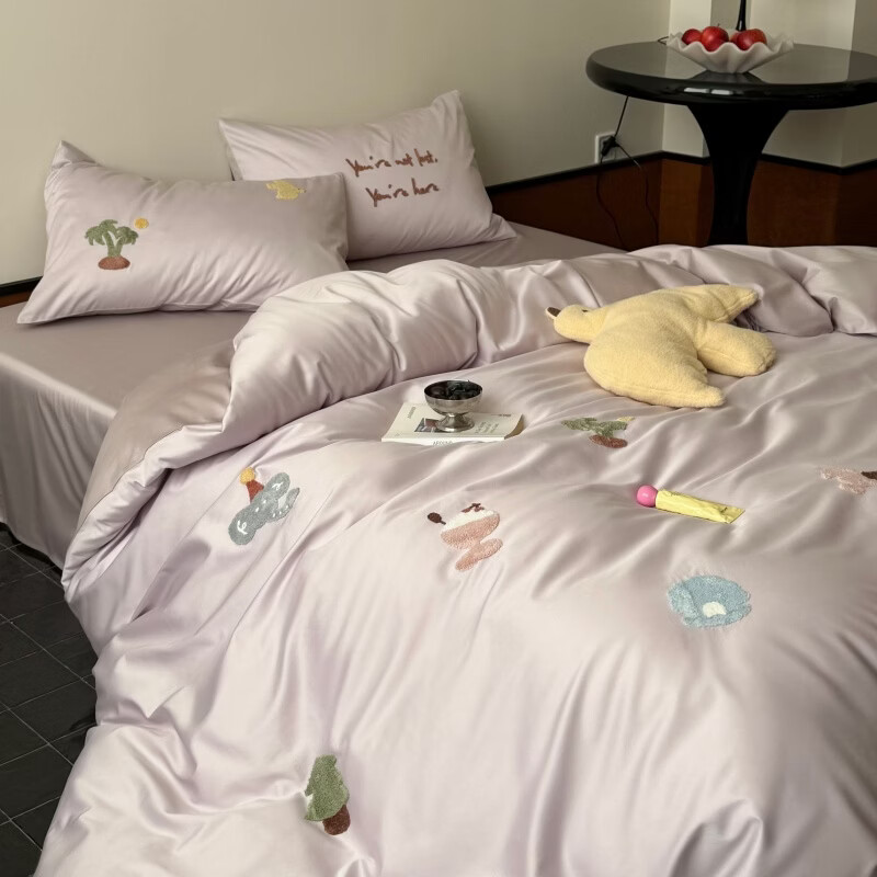 ROLAND LIVE春夏新款长绒棉毛巾绣四件套纯棉透气被套全棉床单单双人床套件 LB 长绒棉套件-海风絮语紫粉 1.2米床 床单款 【被套150*200cm】