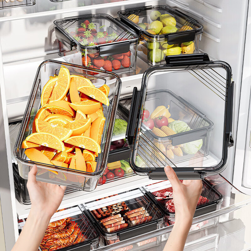 洋臣保鲜盒食品级冰箱专用收纳盒冷冻食物冷藏密封长方形大容量整理盒 颜色随机2个装【约1100ML/个】