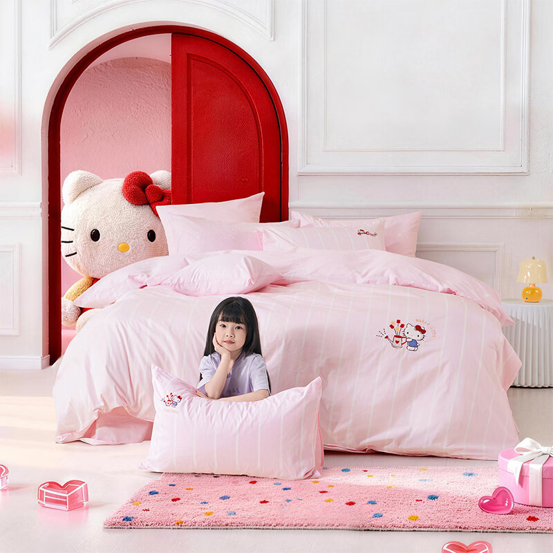 水星家纺四件套床上用品纯棉100%全棉婴幼儿A类儿童学生宿舍26年套件 时光KT 床单款 （被套150*210cm）