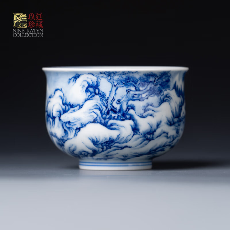 玖廷景德镇纯手工高档青花瓷陶瓷茶杯功夫茶具主人杯手绘冬雪寒江单杯 冬雪寒江主人杯-160ml