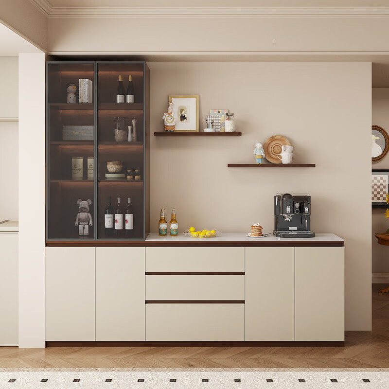 溥畔实木岩板餐柜置物靠墙一体储物收纳柜子客厅酒柜茶水咖啡柜吧台 [满墙柜]六门240x40x220