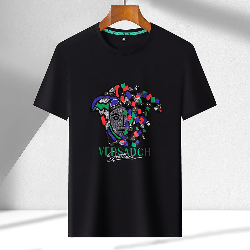 阿玛尼（ARMANI）意大利正品品牌圆领短袖t恤男薄款夏季中年时尚印花半袖体恤上衣 国际一线品牌黑色 3XL 185建议170斤-185斤