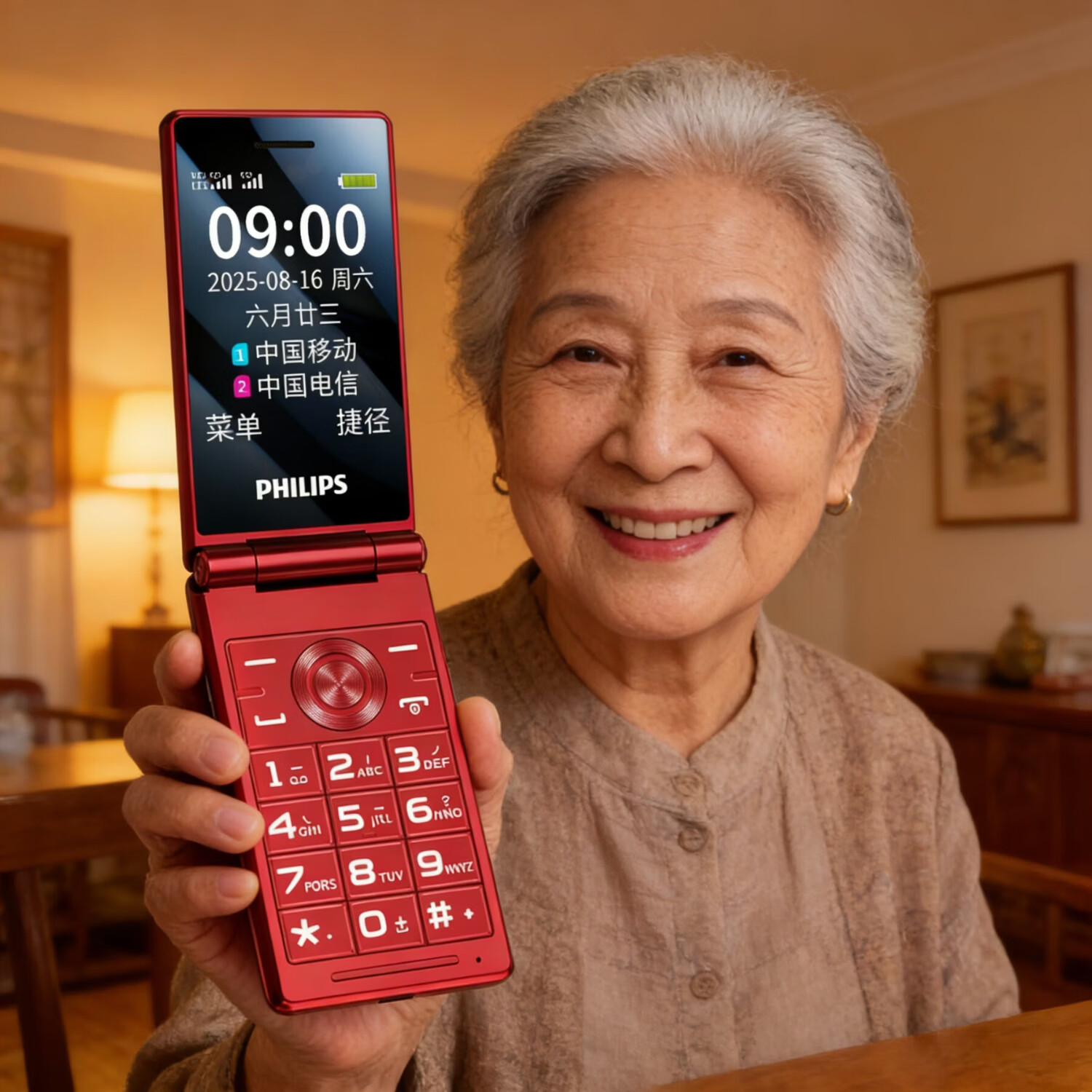 飞利浦(PHILIPS)老年机4G全网通翻盖老人手机超长待机大字体声音大按键学生大屏老年人专用功能机 E6515Plus海棠红