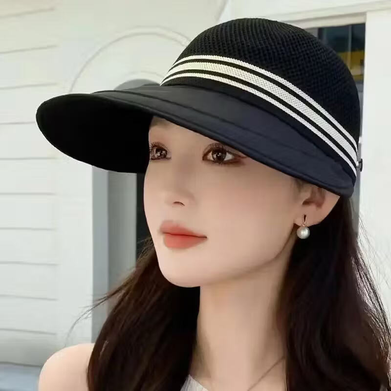 【2026新款高品质】加长帽檐网顶春夏时尚百搭遮阳户外旅游防晒帽 黑色【帽子+防风绳】