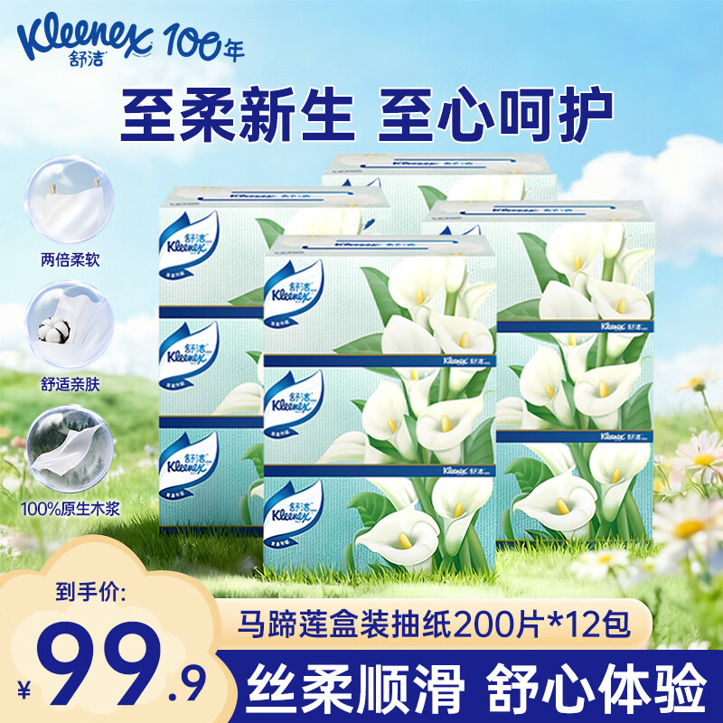 舒洁（Kleenex）马蹄莲盒装抽纸2层200抽原生木浆柔软顺滑软抽手纸卫生纸 【200抽12盒】马蹄莲抽纸量贩装 2层 200抽*12盒 整箱装
