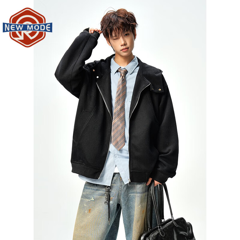 NEW OR MODE美式解构重磅开衫连帽卫衣男春秋新款拼接宽松休闲情侣运动外套 黑色【高品质】 XL 【建议125-145斤】