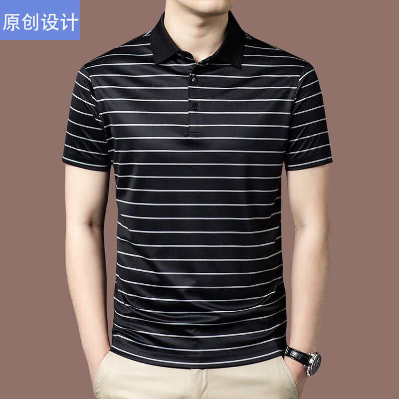 阿玛尼（ARMANI）正品品牌桑蚕丝短袖t恤男夏季中年条纹高端真丝polo衫翻领上衣 国际一线品牌蓝色 M 165__建议90斤到120斤穿