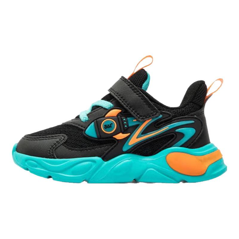 361°童鞋男童休閑鞋年冬季新款幼童運動鞋子旋鈕扣跑鞋密網百搭潮 碳黑/時光綠色/電光橙色 23