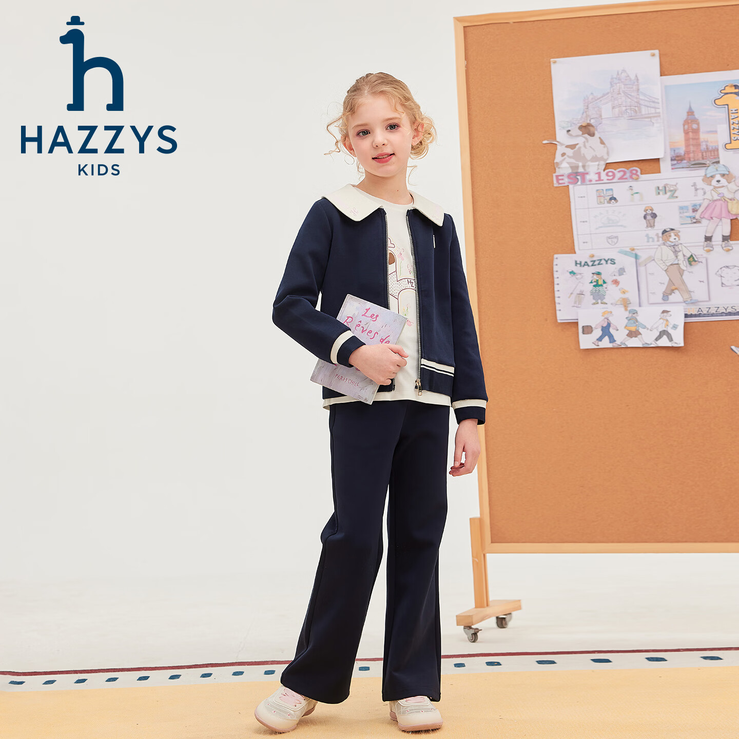 哈吉斯（HAZZYS）品牌女童套装2026春季新款莱卡舒适长袖两件套 藏蓝 130
