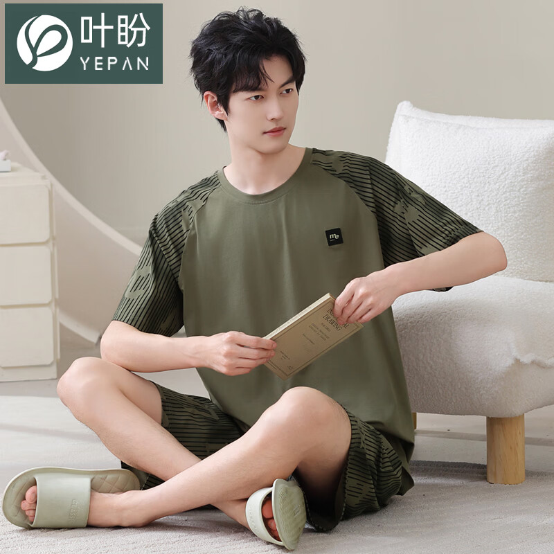 叶盼（yepan）男士睡衣男青少年纯棉2026新款春夏季短袖短裤套头休闲家居服套装 72137-茶绿 L (170) ：建议100-120斤穿着