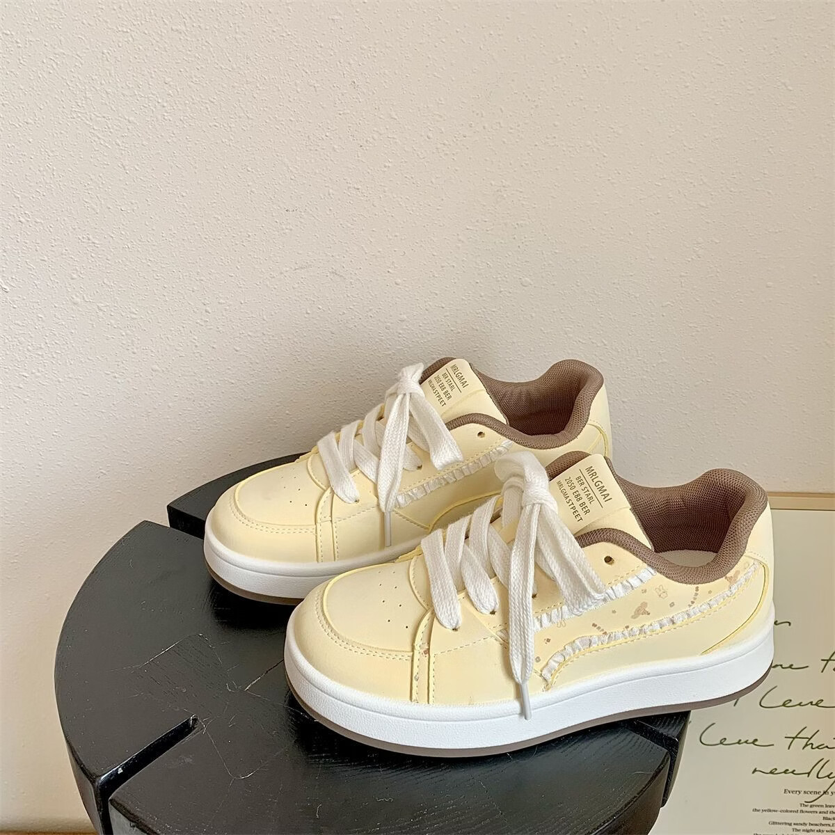 绮步佳人厚底透气休闲运动板鞋女小白鞋拼色百搭低帮板鞋 黄色 40