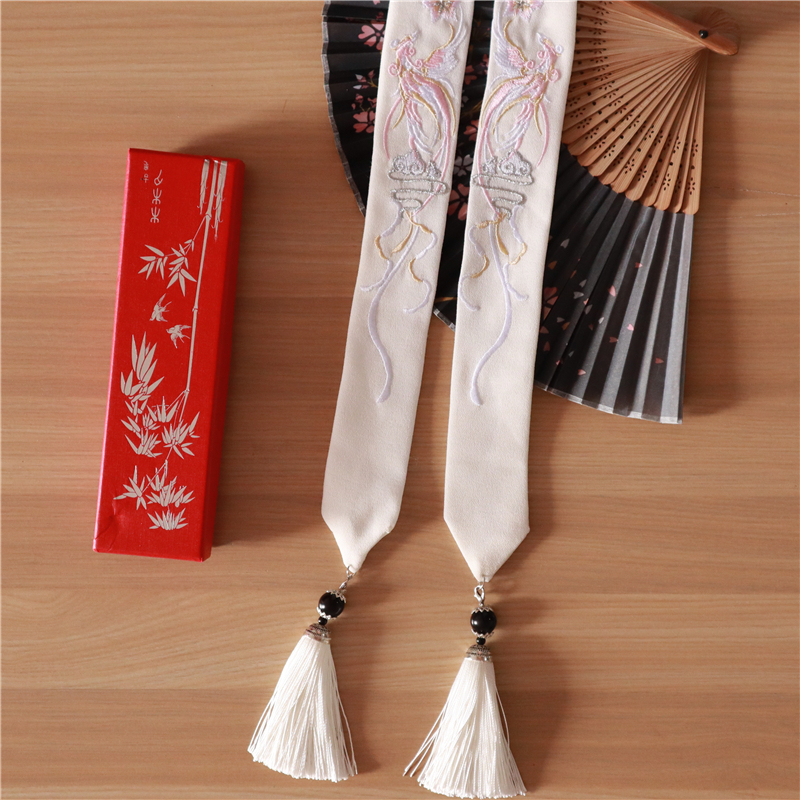 古风流苏发带头绳 超仙汉服头饰女束发刺绣饰品古装配饰发绳 白色凤凰