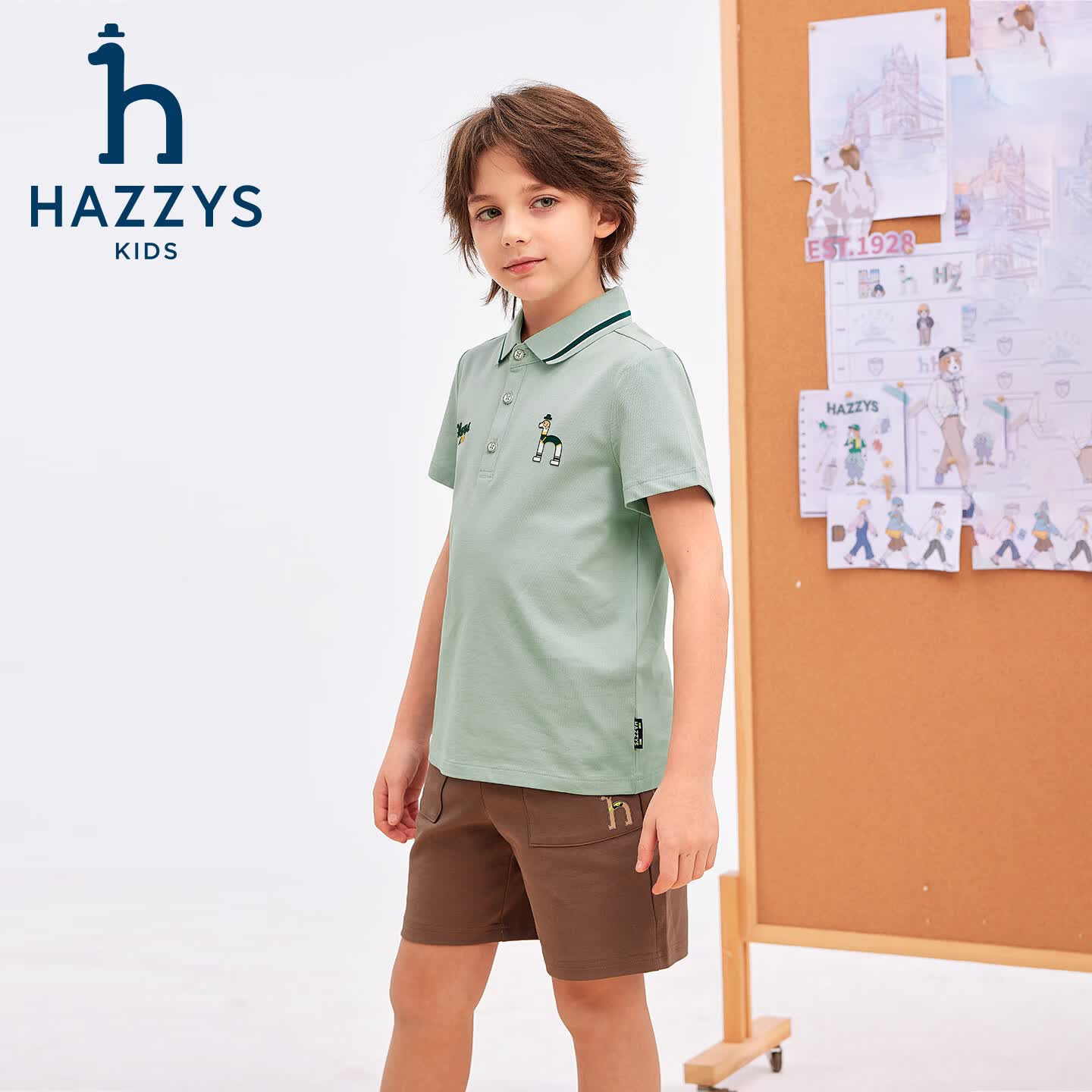 哈吉斯（HAZZYS）童装男童POLO衫2026夏新翻领丝光长绒短袖T恤 米白色 130