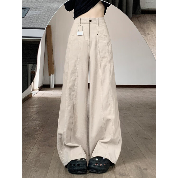 MODX美式米杏色阔腿工装裤女夏季新款胖妹妹高腰显瘦宽松休闲直筒裤 杏色 S 【建议80-90斤】