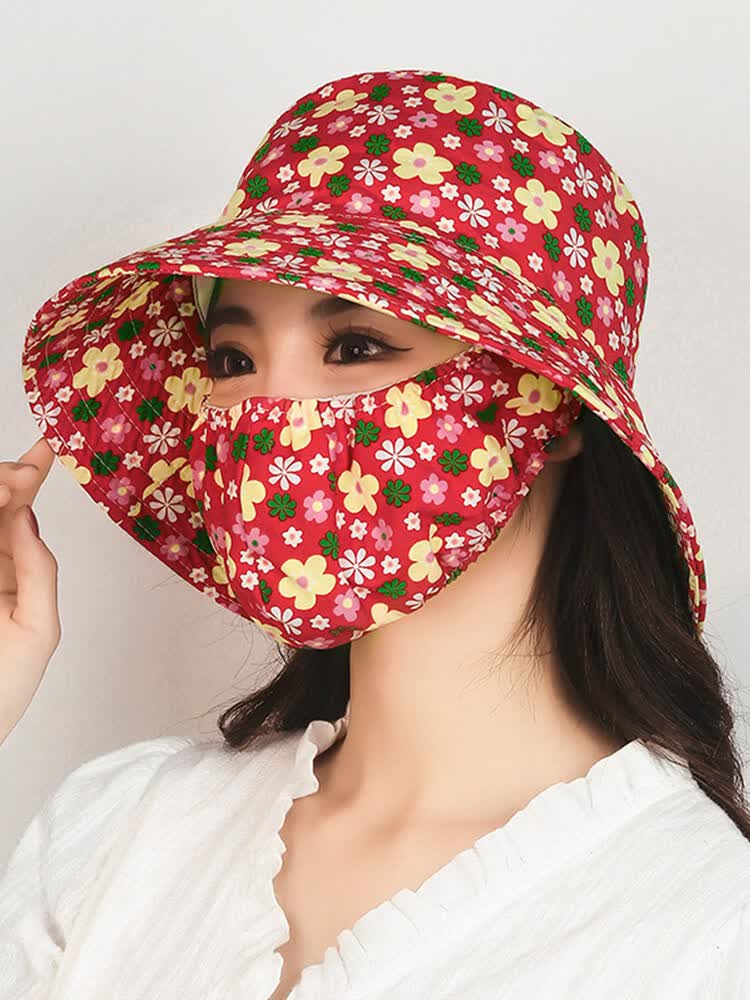 口罩一体帽防晒2026夏季新款帽一体女骑车干活遮阳帽吹翻大檐太阳 黄色大叶 均码