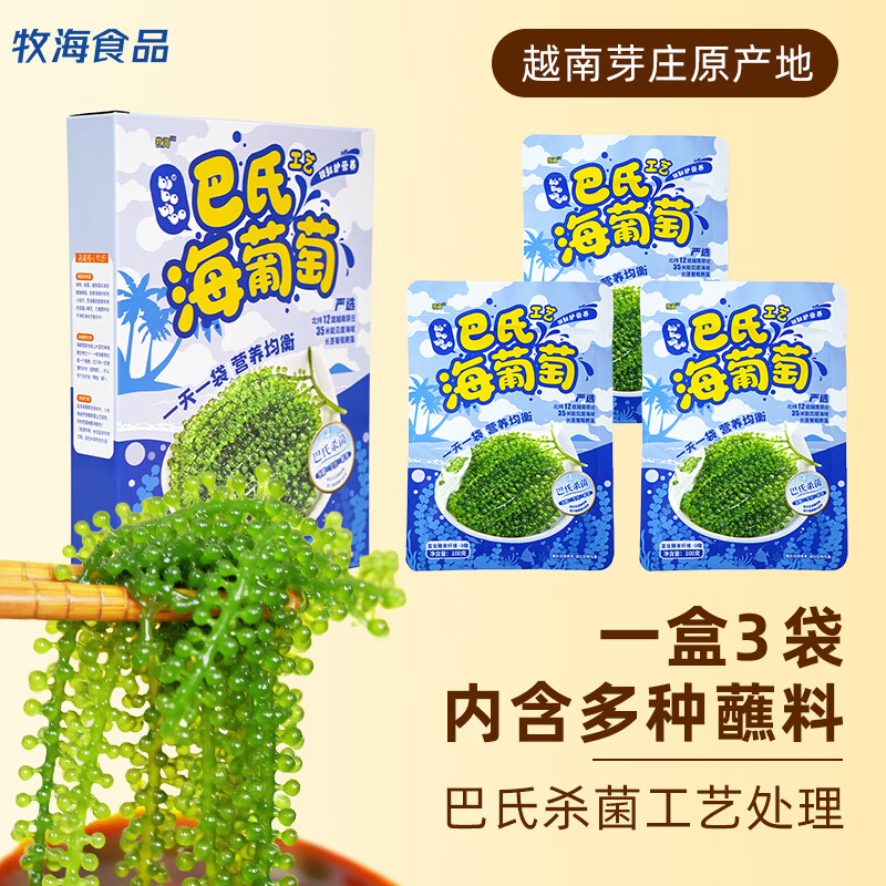 【海葡萄蓝盒装300g】盐渍海藻海带裙带菜儿童零食爆珠脆爽解压 海葡萄3盒装【送多种蘸料】固形物35％ 一盒3袋【送番茄 酱油 芥末蘸料】