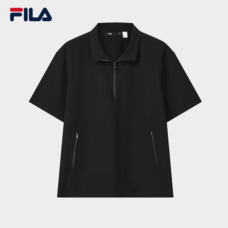 FILA 斐乐官方男子梭织上衣2026夏新款时尚休闲宽松半拉链短袖衫 正黑色-BK M 170/92A/M