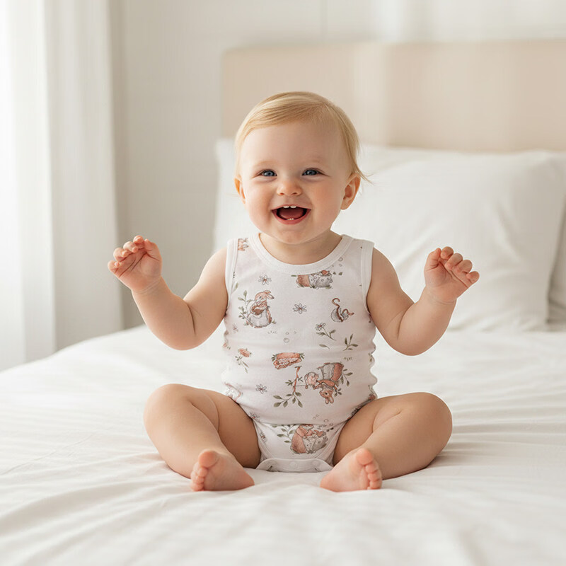 小猪大卫 PECODAVID夏新生婴儿A类纯棉包屁衣男女宝宝短袖对开哈衣爬爬服 爱丽丝兔【背心】 90cm 修身版，按身高，拍大一码