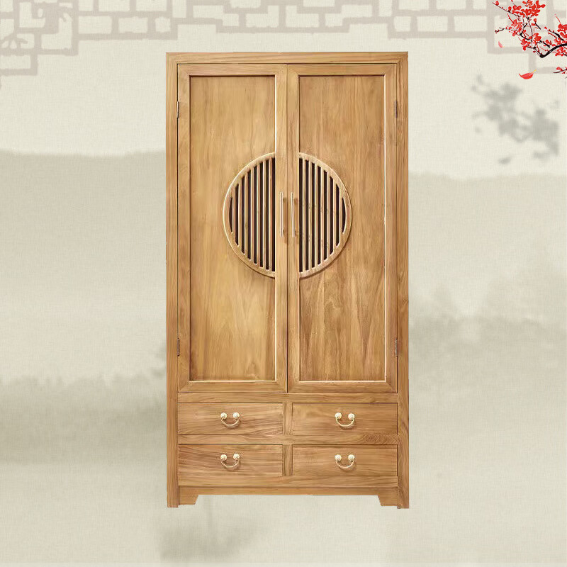 衣柜中式老榆木衣柜家用卧室免漆实木衣柜双门简易老榆木储a 榆木色