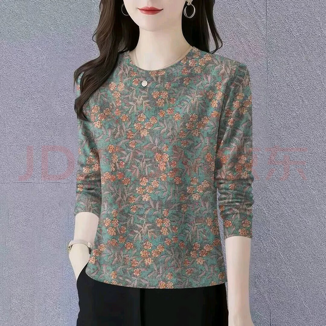 长袖t恤女秋冬新款大码减龄上衣2025新款时尚圆领T恤长袖女装打底 绿碎花【圆领长袖】 薄款 3XL 建议135斤-145斤