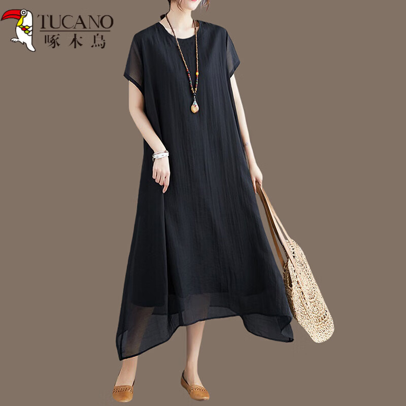 啄木鸟（TUCANO）2026夏季女装新款时尚中年妈妈胖mm裙子宽松大码黑色雪纺洋装夏 黑色(圆领)短袖 XL 约171-184斤 京东折扣/优惠券