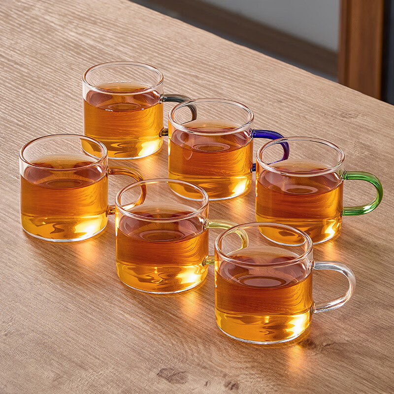 雅集茶具耐热玻璃茶杯主人杯泡茶杯小茶杯100ml家用办公杯彩把-6个装