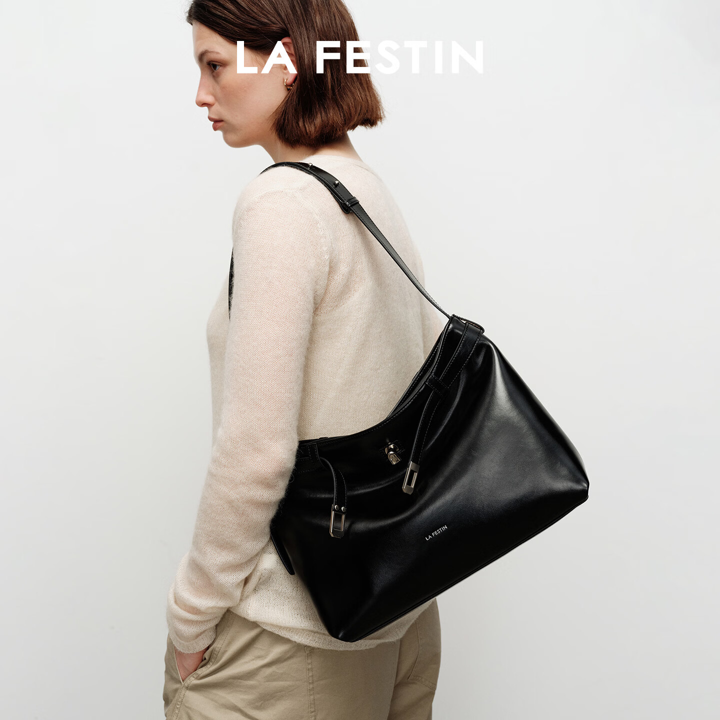 拉菲斯汀(La Festin)抱抱HOBO包2026新款轻奢通勤女包腋下斜挎大容量托特包生日礼物 慕斯黑-小号 | 可装12.9英寸ipad | 现货即发