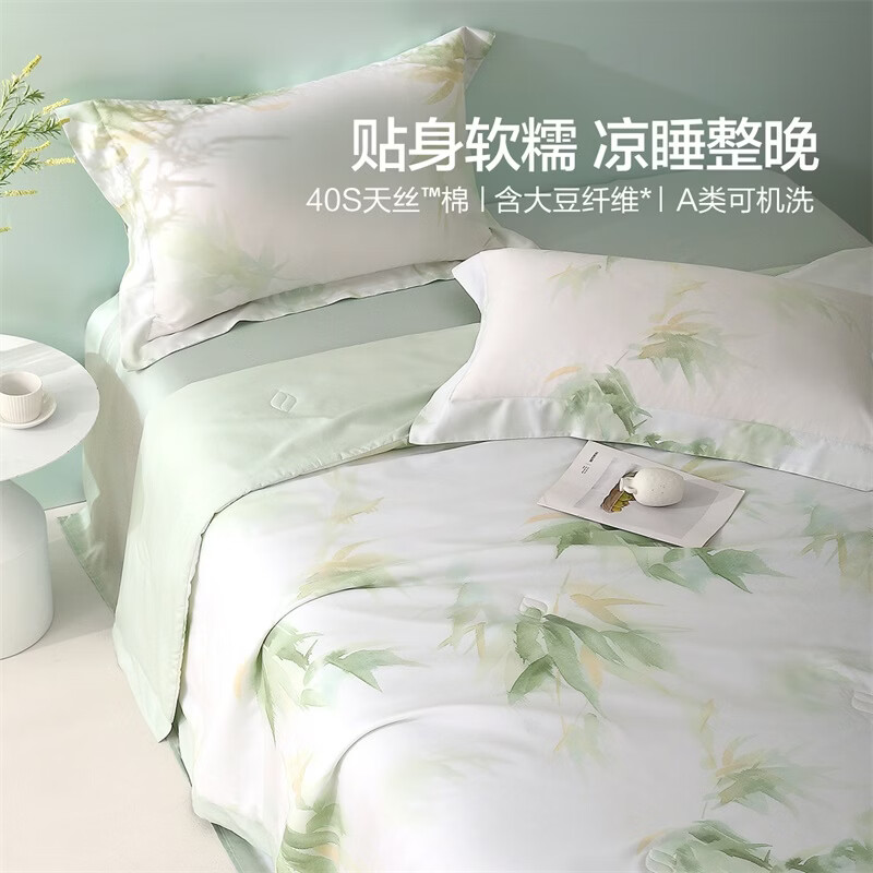 水星家纺大豆被子夏凉被单人空调被凉感天丝™棉可机洗夏季薄被 小冰棉大豆夏被·竹光疏影(米兰薄荷绿) 150cm*200cm