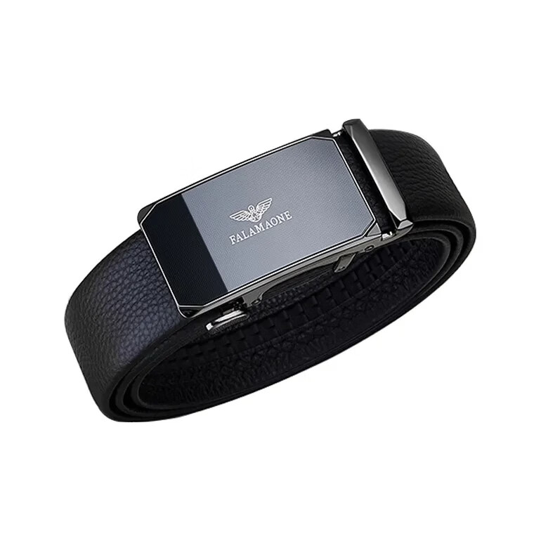 FALAMAONE法莱阿玛尼皮带男真皮自动扣腰带头层牛皮内扣裤带生日礼物送男友 【专柜礼盒】PD809Q枪色 110cm -140加长均码（可修剪）