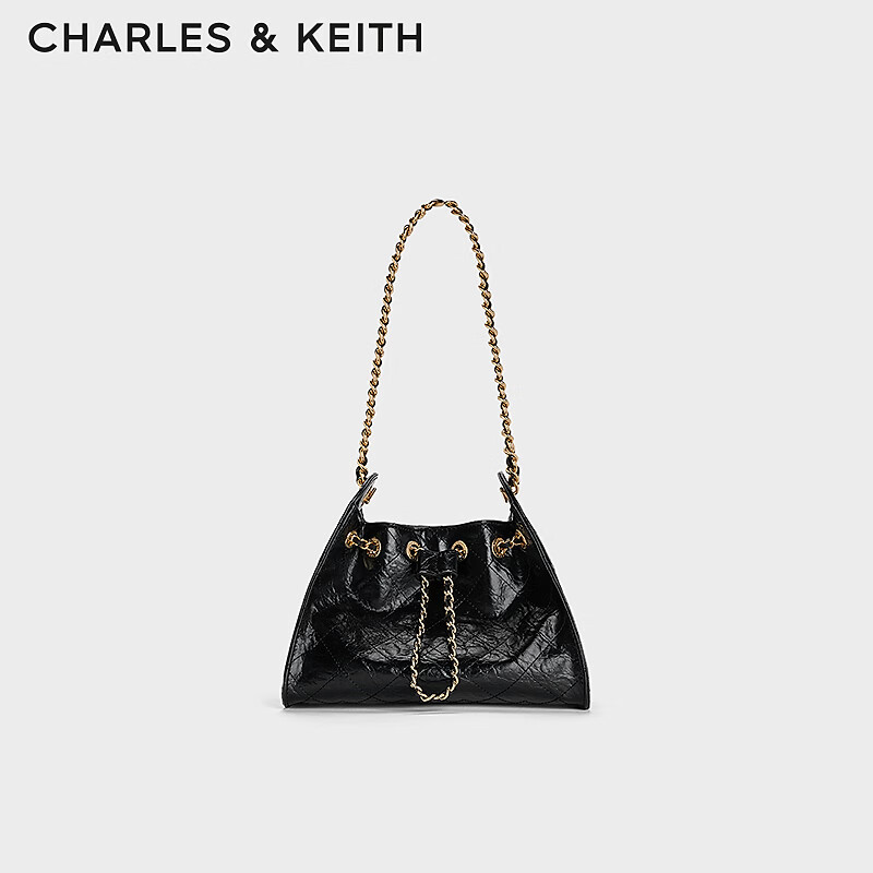 CHARLES&KEITH26夏季新品菱格链条单肩水桶包斜挎包CK2-10671894 Black黑色 M