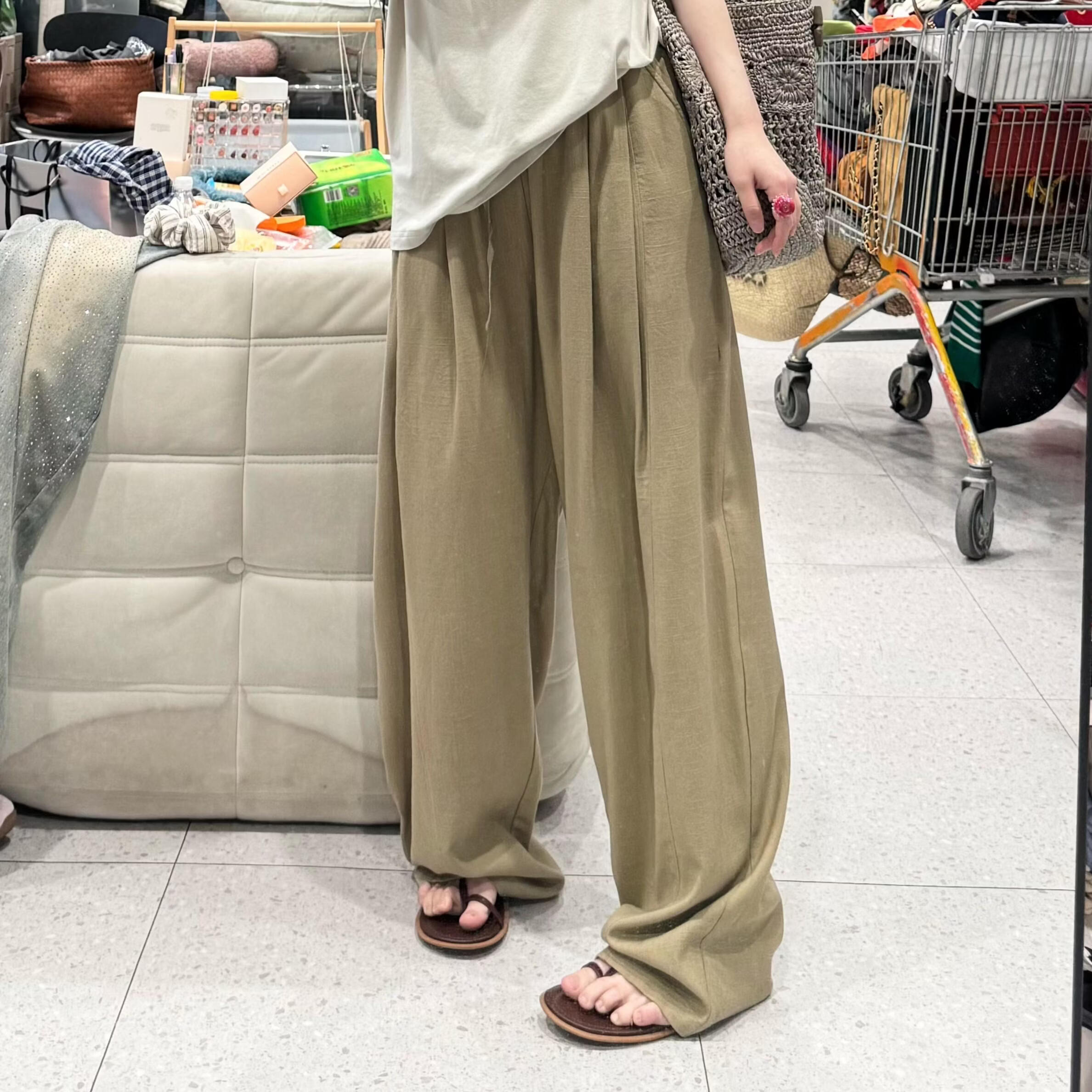 晶咕【棉麻裤 】】简约全松紧高腰纯色直筒休闲裤 浅咖色【小个子】(推荐身高165以下) 4(适合165-180斤) 均码