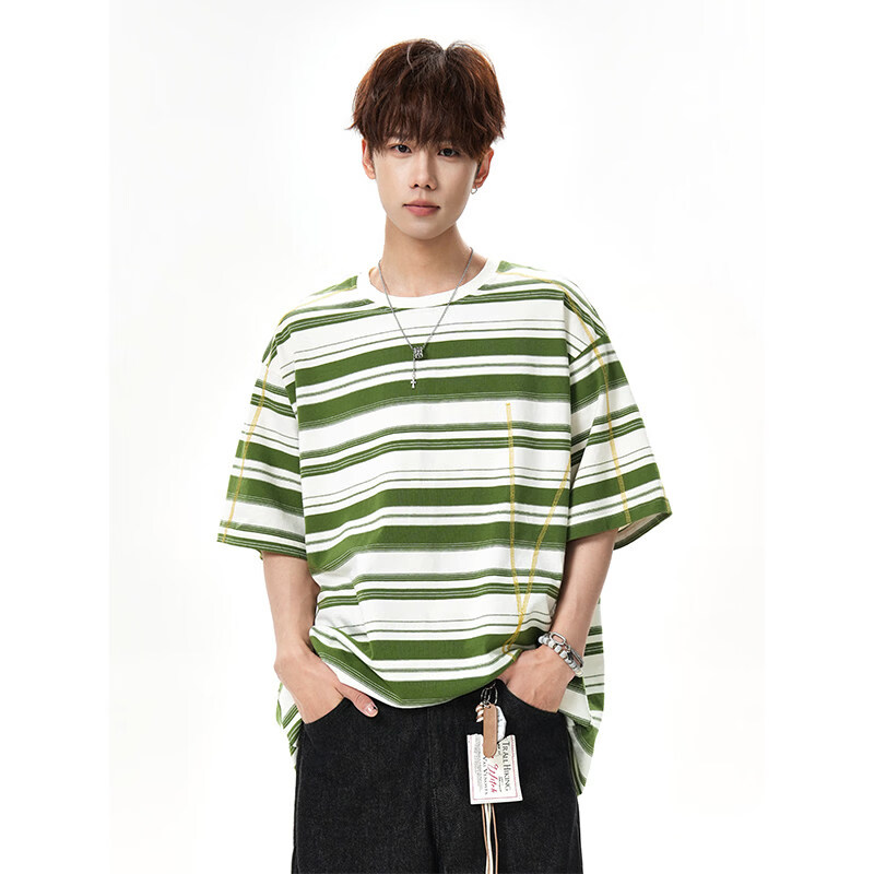 NEW OR MODE美式哈苏线条纹短袖t恤男夏季新款潮牌高街宽松痞帅青少年半袖T恤 绿色【高品质】 M 【建议90-110斤】