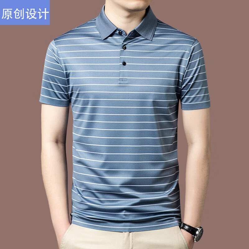 阿玛尼（ARMANI）正品品牌桑蚕丝短袖t恤男夏季中年条纹高端真丝polo衫翻领上衣 国际一线品牌蓝色 M 165__建议90斤到120斤穿