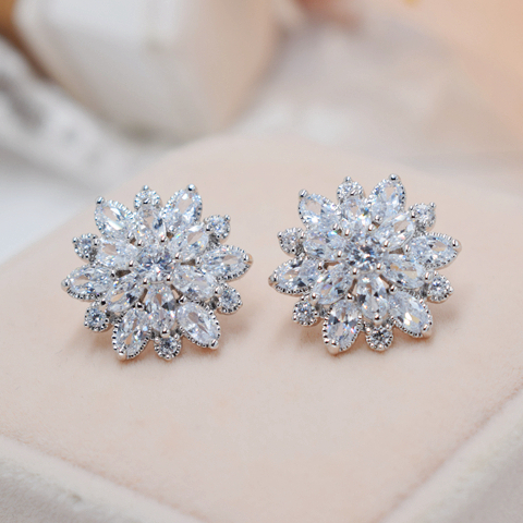 siccsaee 气质夸张925银花朵镶满钻耳钉银女耳环 银色银针
