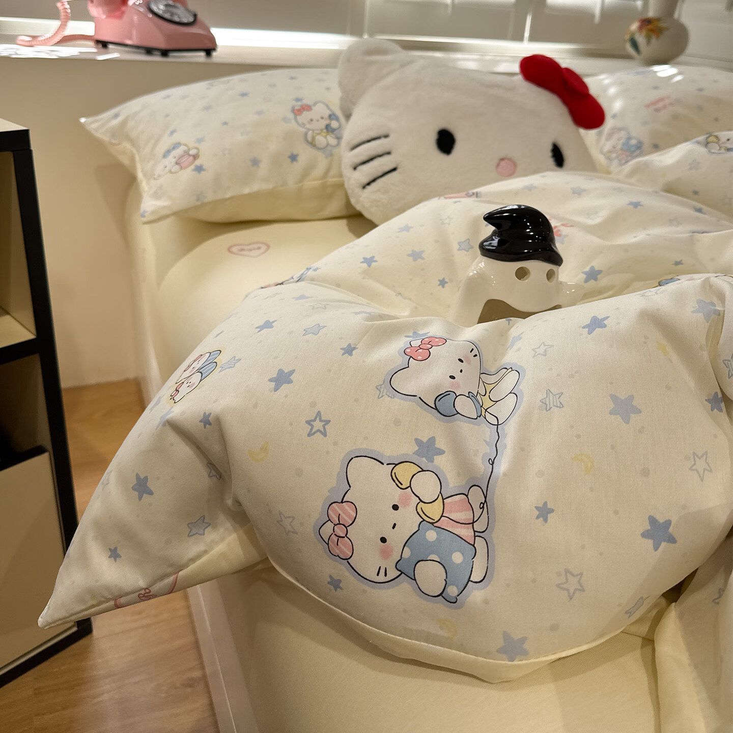 苏萱奶油风星星猫咪全棉四件套2026新款纯棉1.5m公寓被套床单床上用品 蓝星电话喵 1.5m 床单款 四件套-被套200x230cm