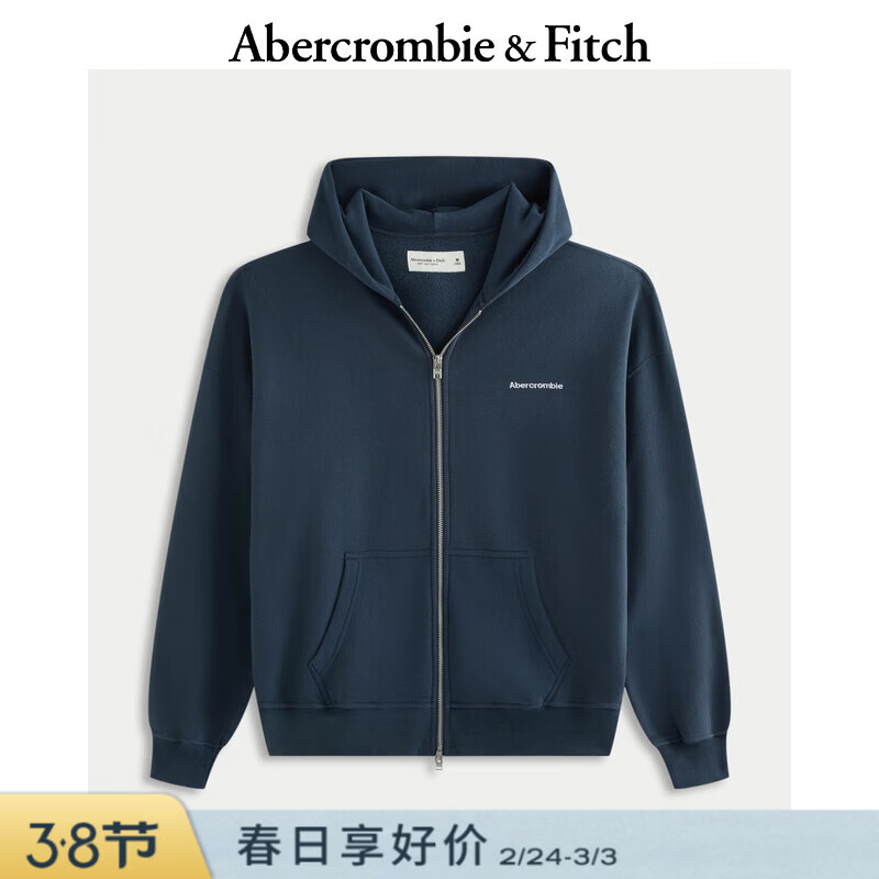 Abercrombie &amp; Fitch美式复古经典LOGO抓绒百搭连帽拉链卫衣外套25秋冬男装175-5420 海军蓝 L (180/108A)