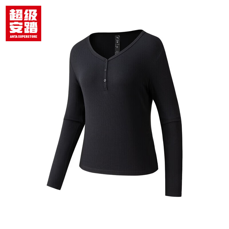 安踏慕斯丨长袖T恤女士轻暖绒V领修身瑜伽普拉提运动套头衫 基础黑-3 XL (女175)