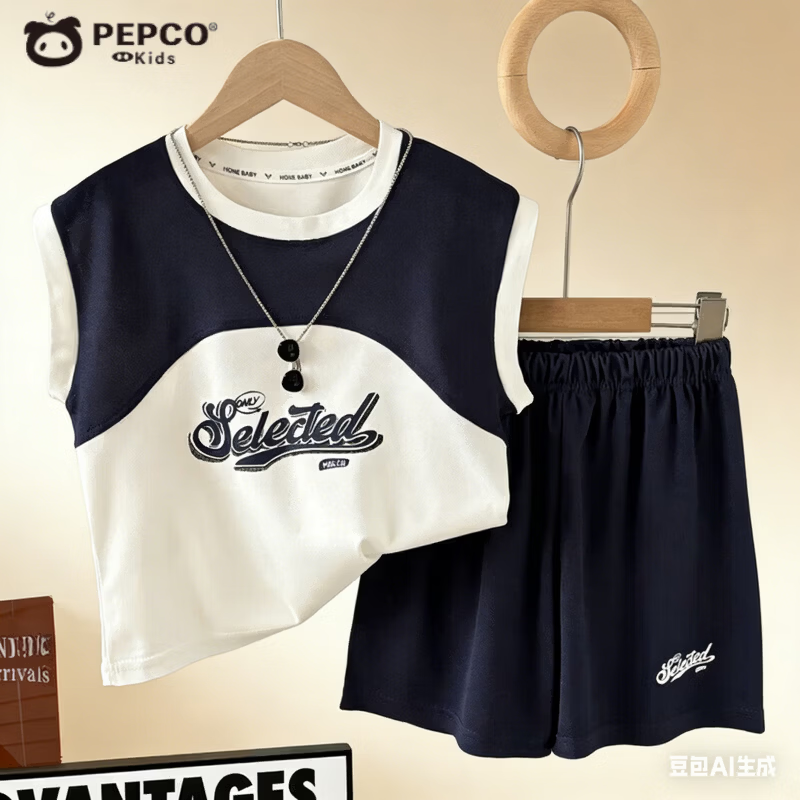 小猪班纳（PEPCO）夏季新款男童T恤韩版字母拼接无袖珠地儿童套装坎肩上衣五分裤子 KS珠地套装-灰色拼绿 130