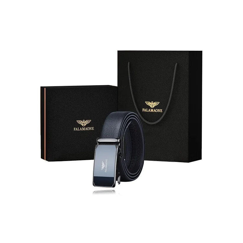 FALAMAONE法莱阿玛尼皮带男真皮自动扣腰带头层牛皮内扣裤带生日礼物送男友 【专柜礼盒】PD809Q枪色 110cm -140加长均码（可修剪）