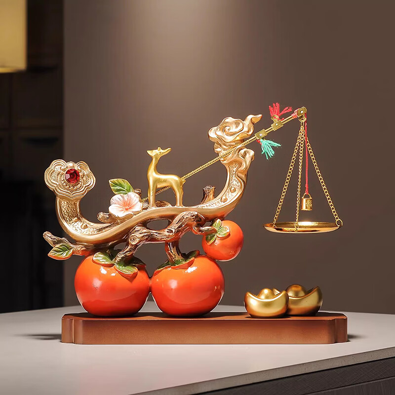 赟娅事事如意柿子桌面摆件入户玄关新中式家居陶瓷装饰品乔迁高档礼物 柿柿称心如意【底座+金鹿+躺赚猫】