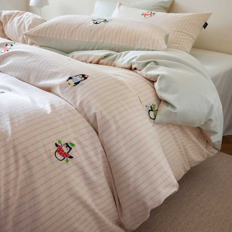 ROLAND LIVE春夏新款全棉色织水洗棉四件套卡通刺绣儿童床上用品透气三件套 KZ 色织水洗棉套件-企鹅精灵 小号 床单款 【被套150*200cm】