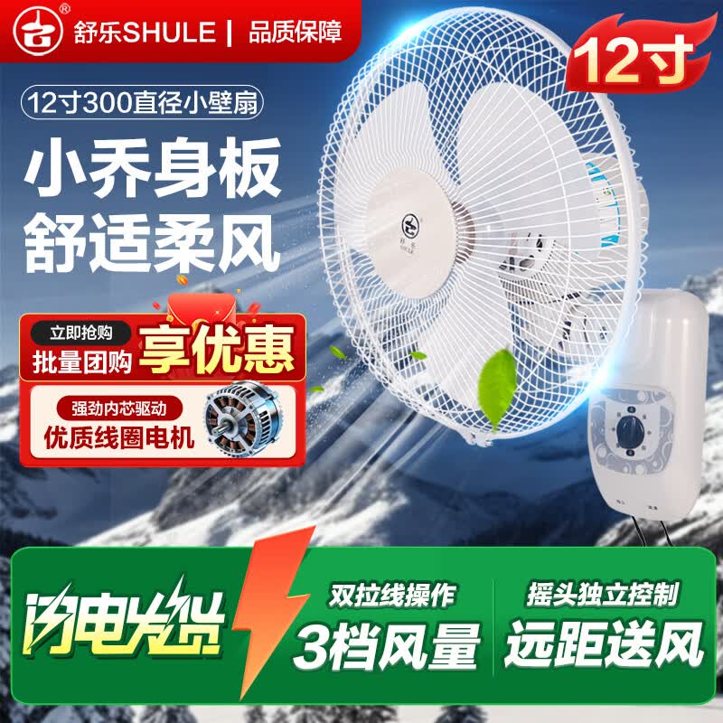 舒乐电风扇12寸卧室小壁扇挂壁式摇头强力风扇家用静音璧扇学校宿舍墙壁扇工业办公室餐厅电扇挂扇 【12寸直径300mm】【三档】【摇头】【壁扇】