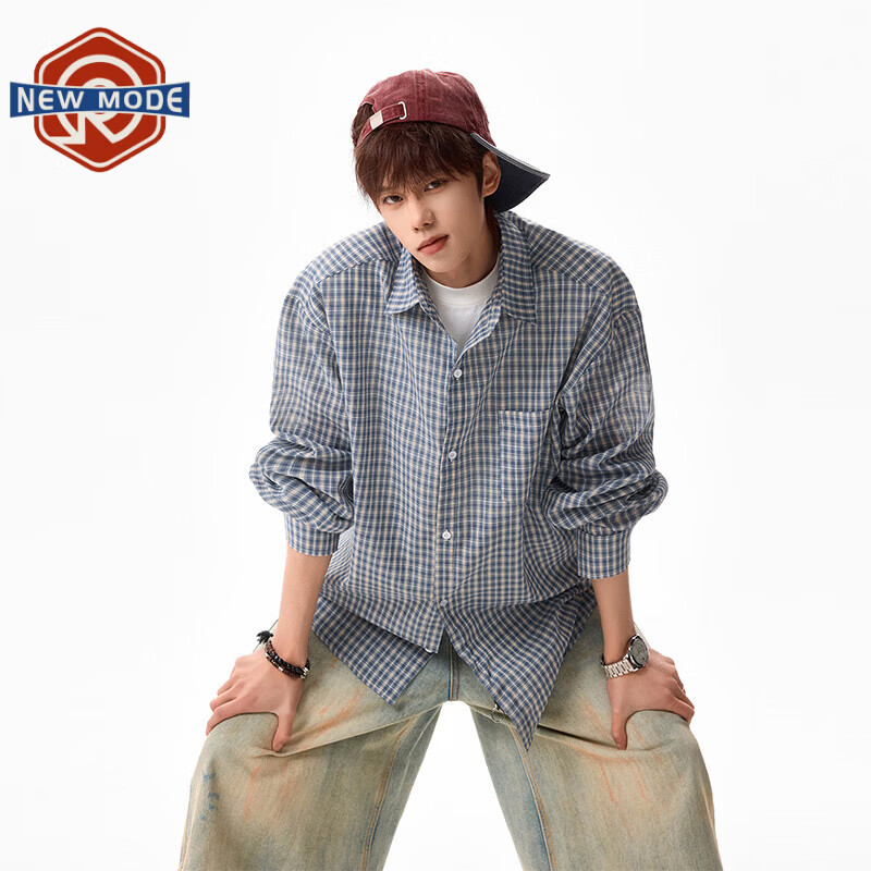 NEW OR MODE美式格纹撞色翻领衬衫男春季新款宽松休闲长袖衬衣百搭慵懒感外套 蓝格【高品质】 M 【建议90-110斤】