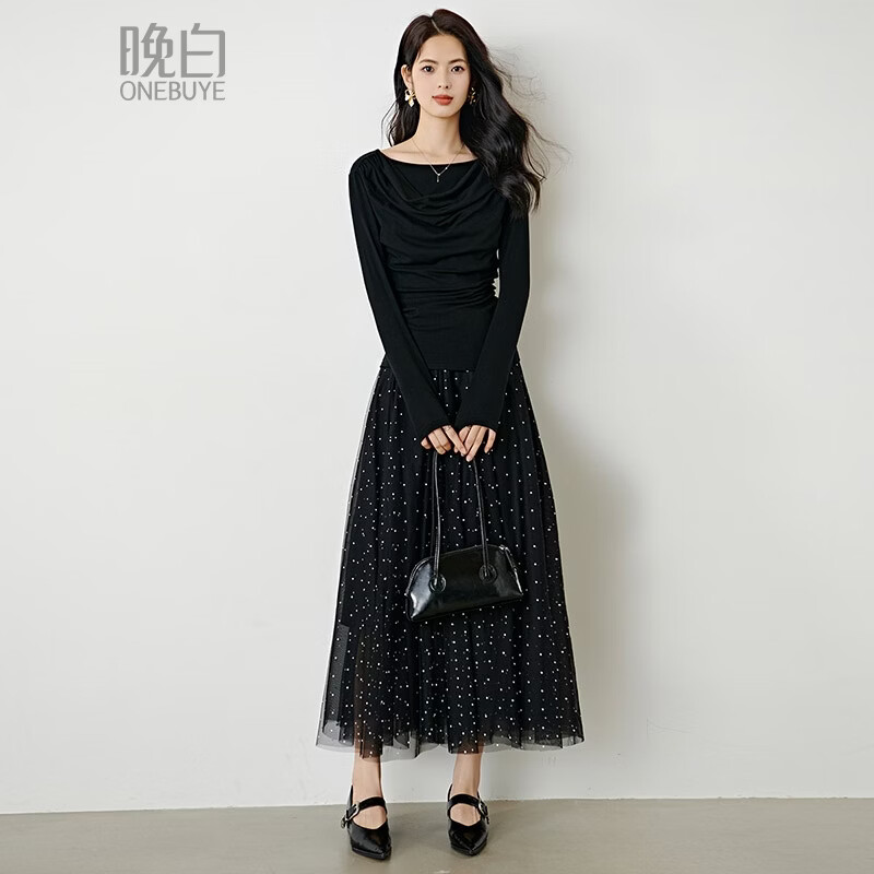 晚白【新品】2026年春款时尚堆堆领上衣亲肤柔软修身舒适T恤衫女 黑色 L