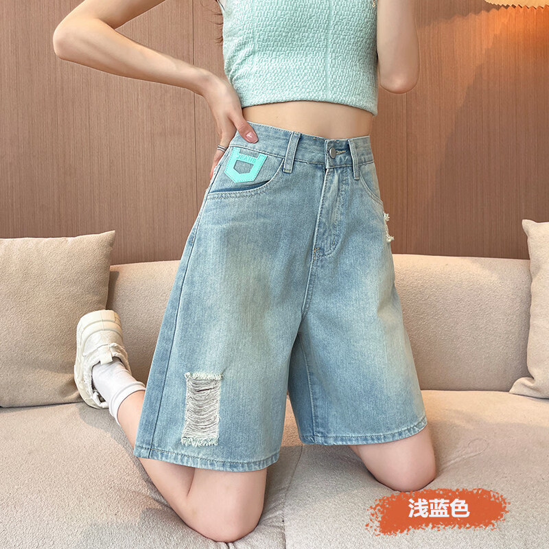 MODX破洞五分牛仔短裤女夏季薄款2026新款高腰显瘦阔腿5分五分裤小个 浅蓝色 XS