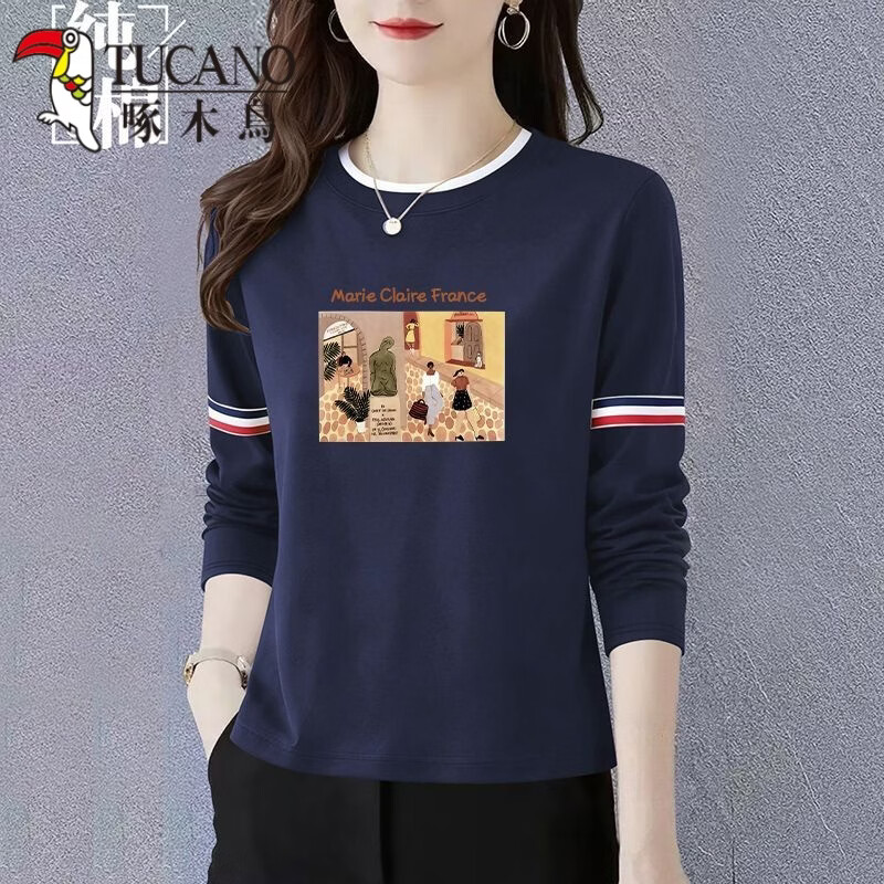 啄木鸟（TUCANO）新款印花长袖T恤舒适显瘦假两件圆领打底衫春秋新款慵懒风通勤女 纯白 L 建议100-110斤