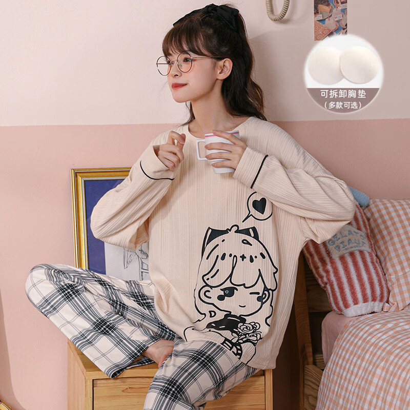 DAPHNE达芙妮【A】睡衣女秋冬季纯棉长袖带胸垫秋天孕妇可爱大码家居服套装 HC7721【带胸垫】 女XXL【棉含量有30】