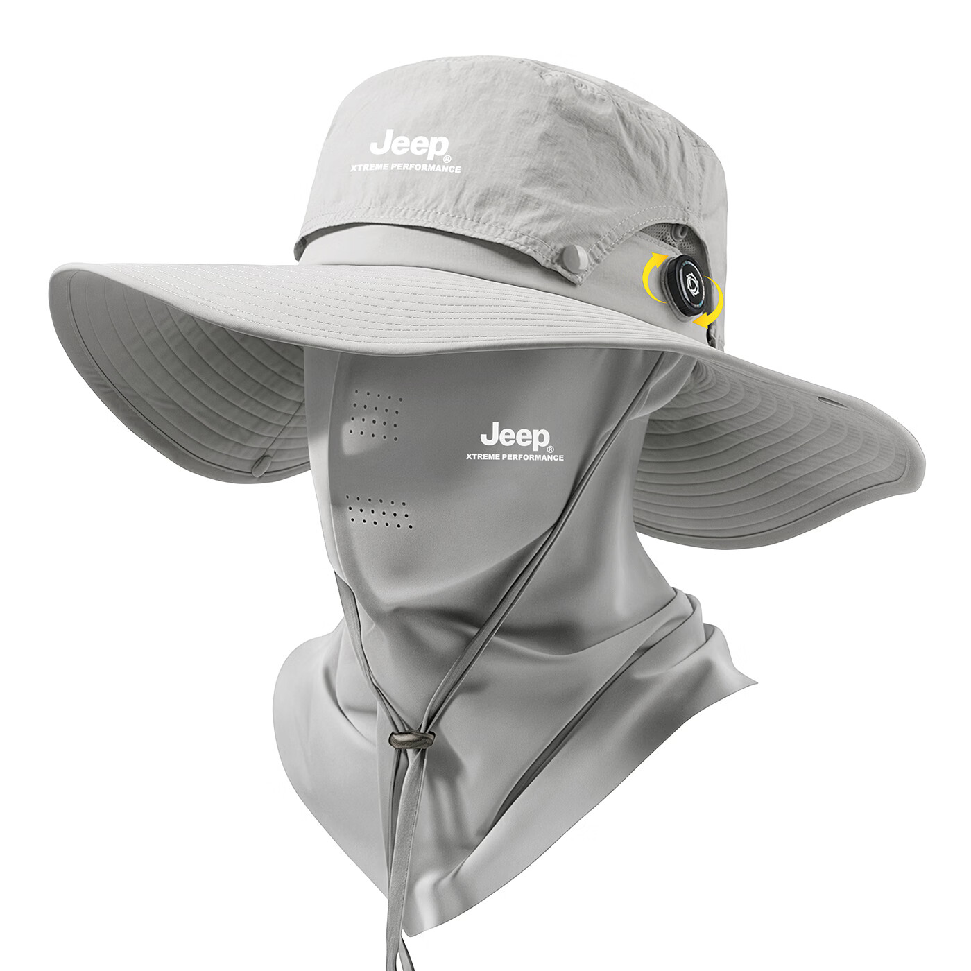 JEEP帽子男士夏季渔夫帽遮阳帽男户外登山帽钓鱼防晒帽太阳帽防紫外线 浅灰色两件套【帽子+面罩】 均码 【可旋钮调节帽围】