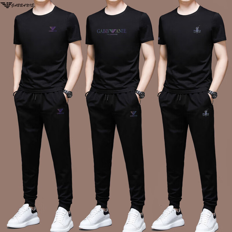 阿玛尼（ARMANI）意大利夏装高端休闲运动服套装男士夏季冰丝潮流两件套 8783黑色短袖+长裤 4XL 190【建议200-220斤】