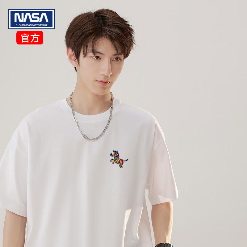 NASAR-FARM短袖男夏季2026新款潮牌100%纯棉宽松休闲半袖打底衫情侣款体恤 DLJ9002小马-白色 S （身高155-160cm、体重80-100斤）